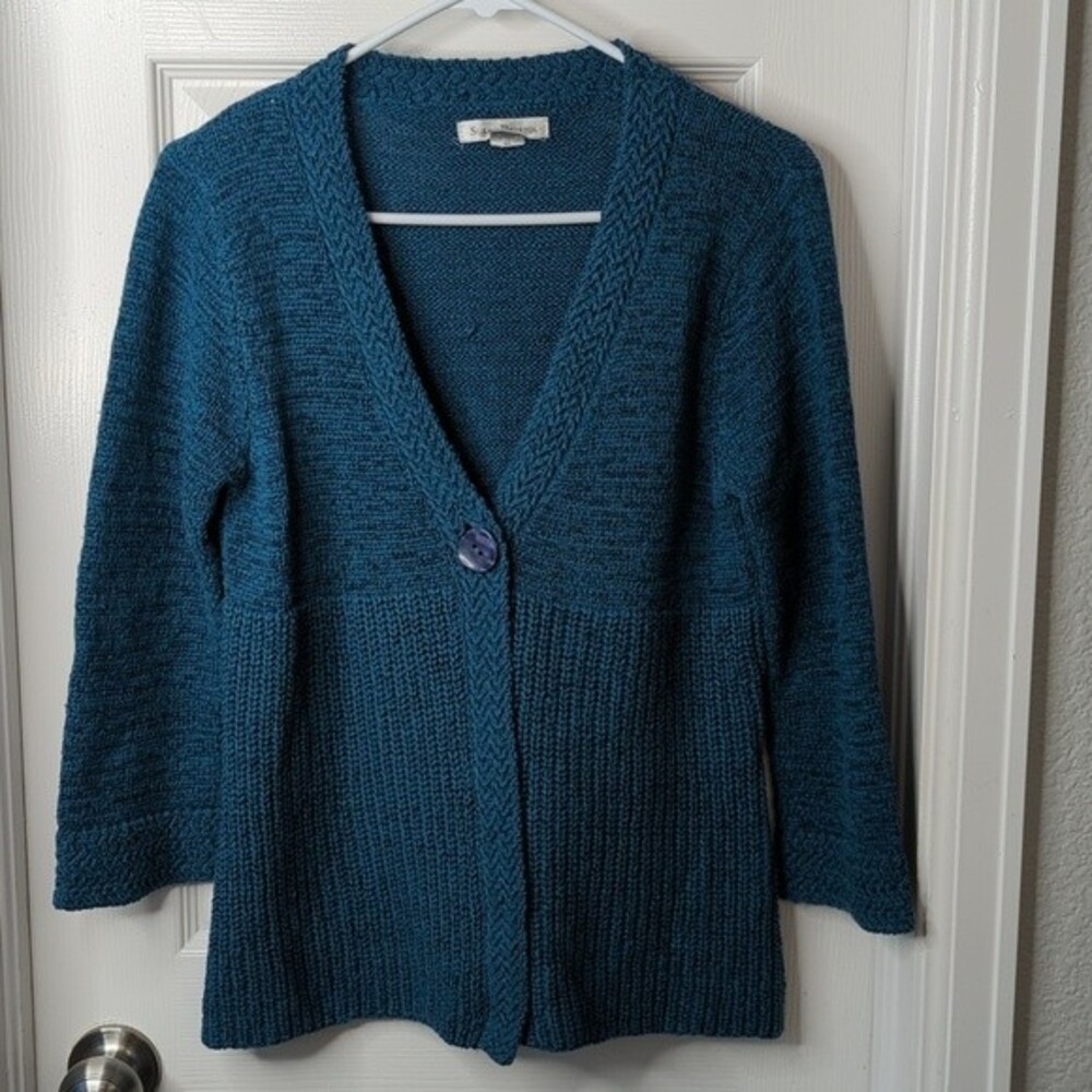 Susan Bristol Blue One-Button V-Neck Cardigan Knit Vintage Sweater Size L